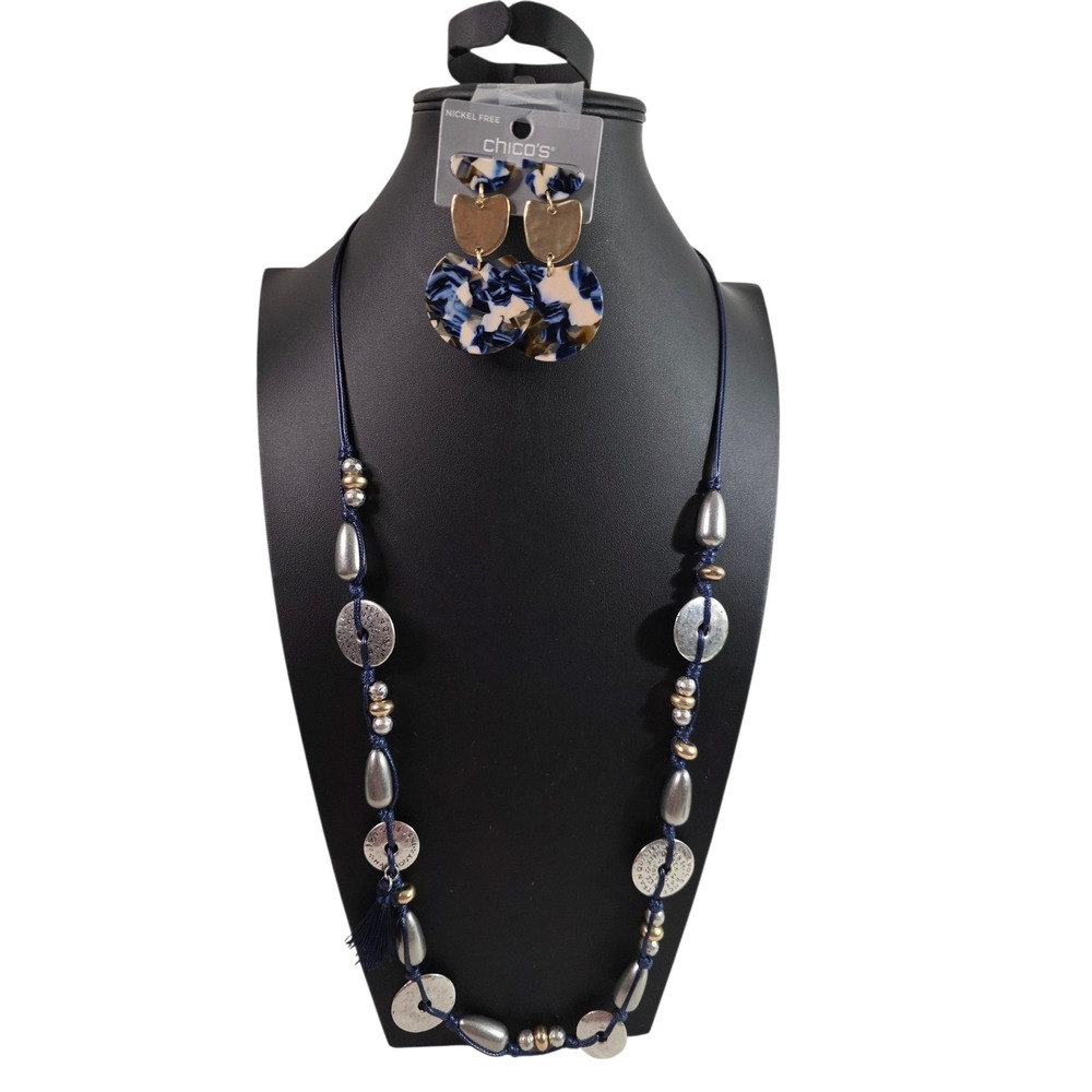 Chicos Blue Mix Metal Beaded Necklace Marbled Drop Earrings Jewelry Set Eclectic